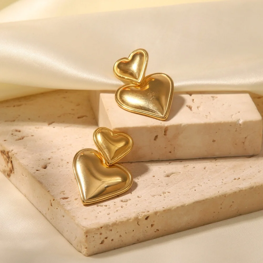 24K Gold Double Heart Earrings*Waterproof*Sweatproof* - Picture 4 of 7